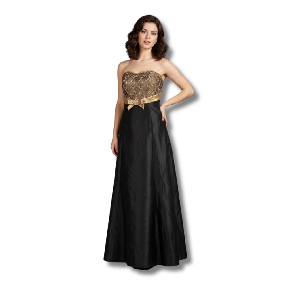 Vintage Gunne Sax Jessica McClintock Gold Lace Prom Gown Dress Black 90s Glam